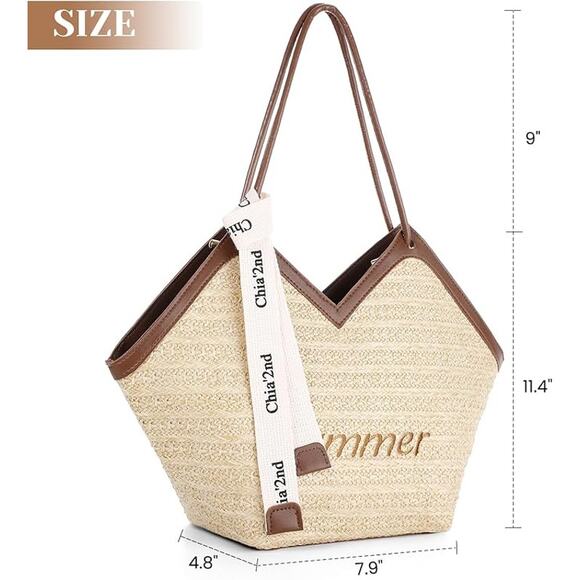 New Trifabricy Straw Summer Cruise Beach Faux Leather Trim Zippered Tote Bag - Picture 3 of 6